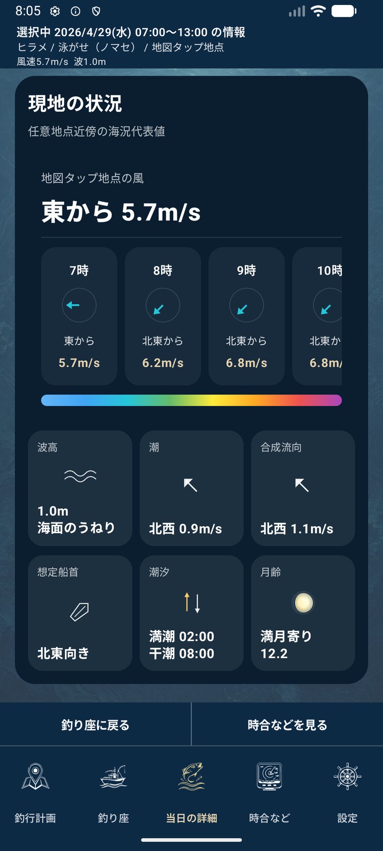 風、波高、潮、月齢をまとめて確認するDRIFIX画面