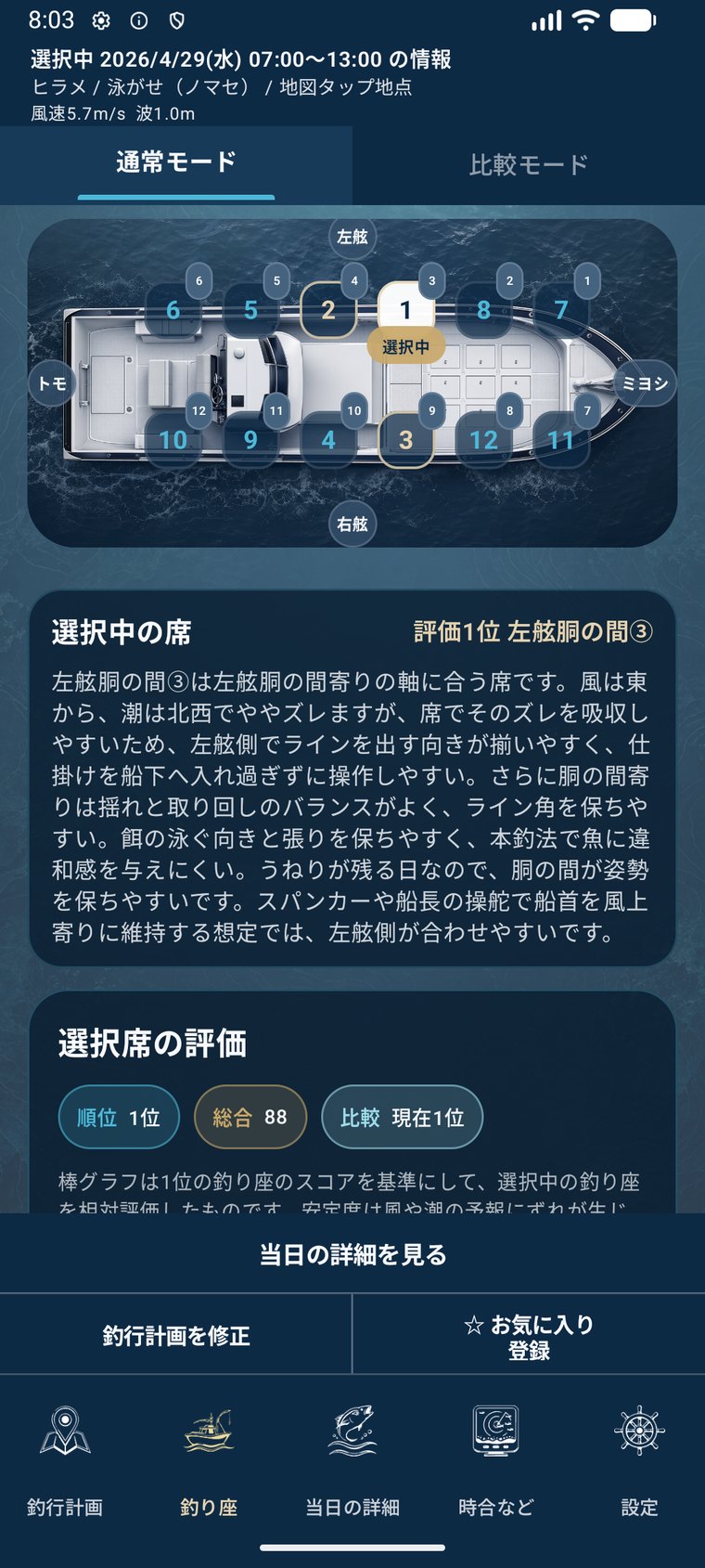 釣り座レコメンド結果を表示するDRIFIXの画面