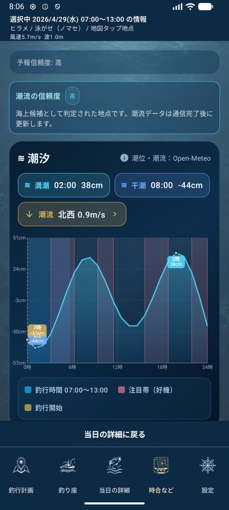 潮汐と釣行時間帯のタイムラインを表示するDRIFIX画面