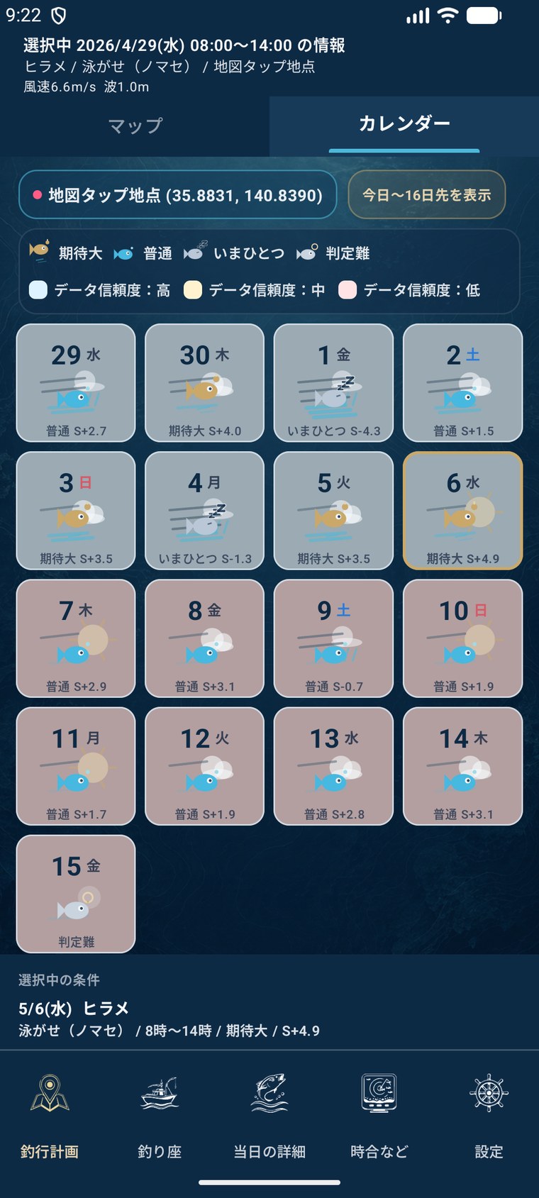 日ごとの期待度とスコアをカードで表示するDRIFIXのカレンダー画面