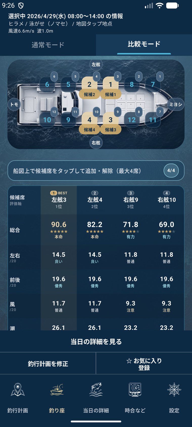 複数の候補席を横並びで比較するDRIFIXの比較モード画面